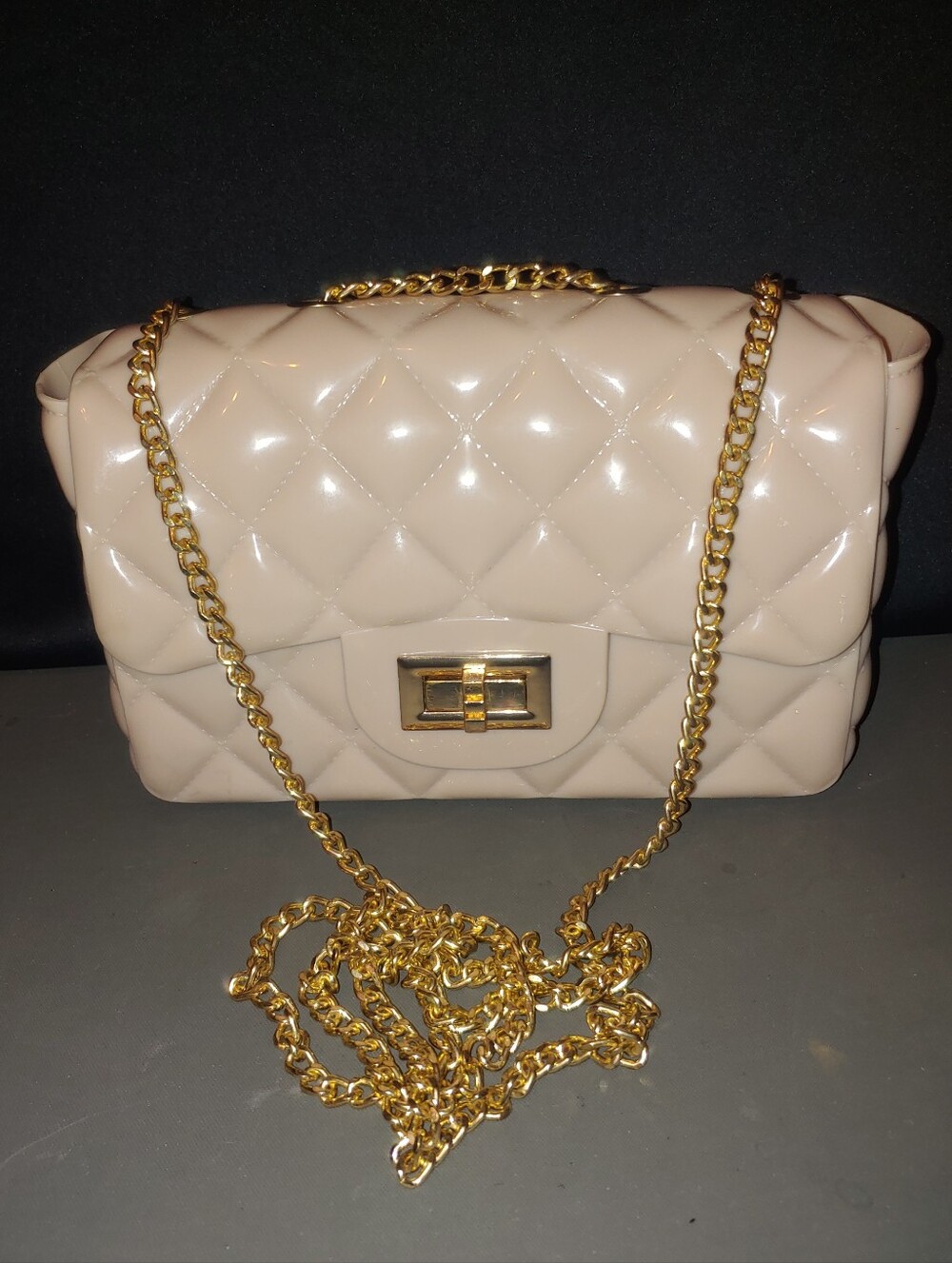 Quilted Jelly Crossbody Chain Shoulder Bag Nude Color Glossy 9" x 5" x 3"